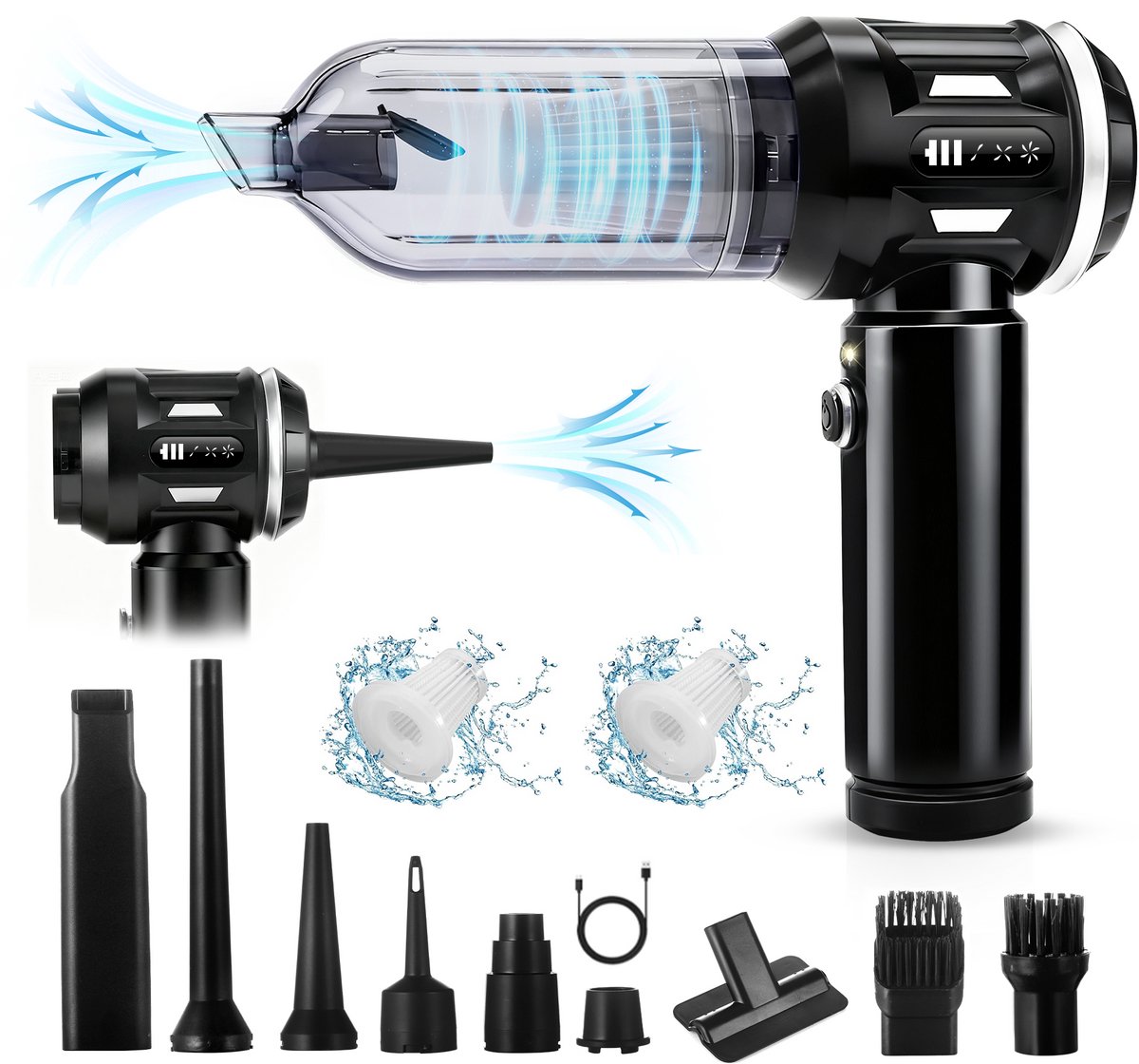 Glitzerlife - Handstofzuiger, Accu, Mini-Stofzuiger, Draadloos, 25000 Pa, Handstofzuiger, Sterk, 4-In-1 Autostofzuiger Met Borstelloze Motor, 3 Standen, DraagGlitzerlife -bare Stofzuiger Voor Auto - Zwart-Wit