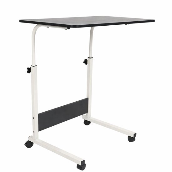 Zwart laptoptafeltje op wieltjes met wit frame.