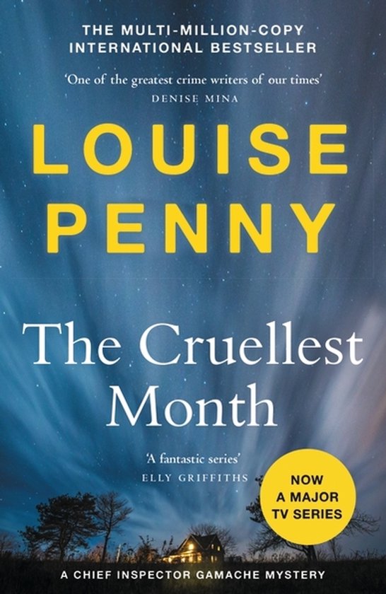 Boekcover: "The Cruellest Month" van Louise Penny. Een sterrenhemel met wolken, met de titel en de naam van de auteur in gele letters.
