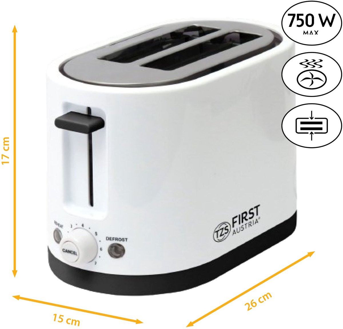 TZS First Austria Broodrooster - Toaster - 7 Warmteniveaus - 2 Extra Brede gleuven - 750W - Wit