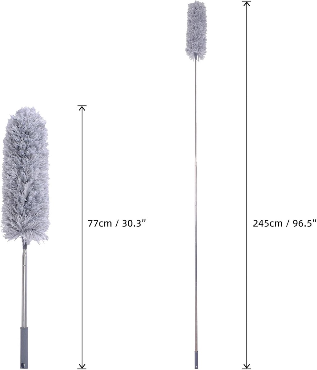 Uitschuifbare Microvezel Stofdoek met Telescopische Steel - Lang (245cm) - Buigbare Kop - Licht en Lichtgrijs
