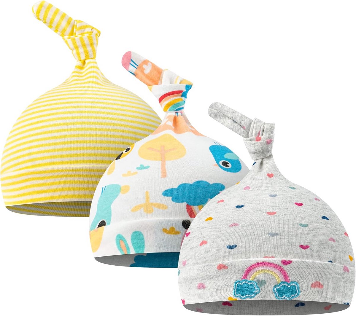 3-Pack Katoenen Knoop Mutsen voor Pasgeboren Baby (0-6 Maanden) - Verstelbaar en Zacht