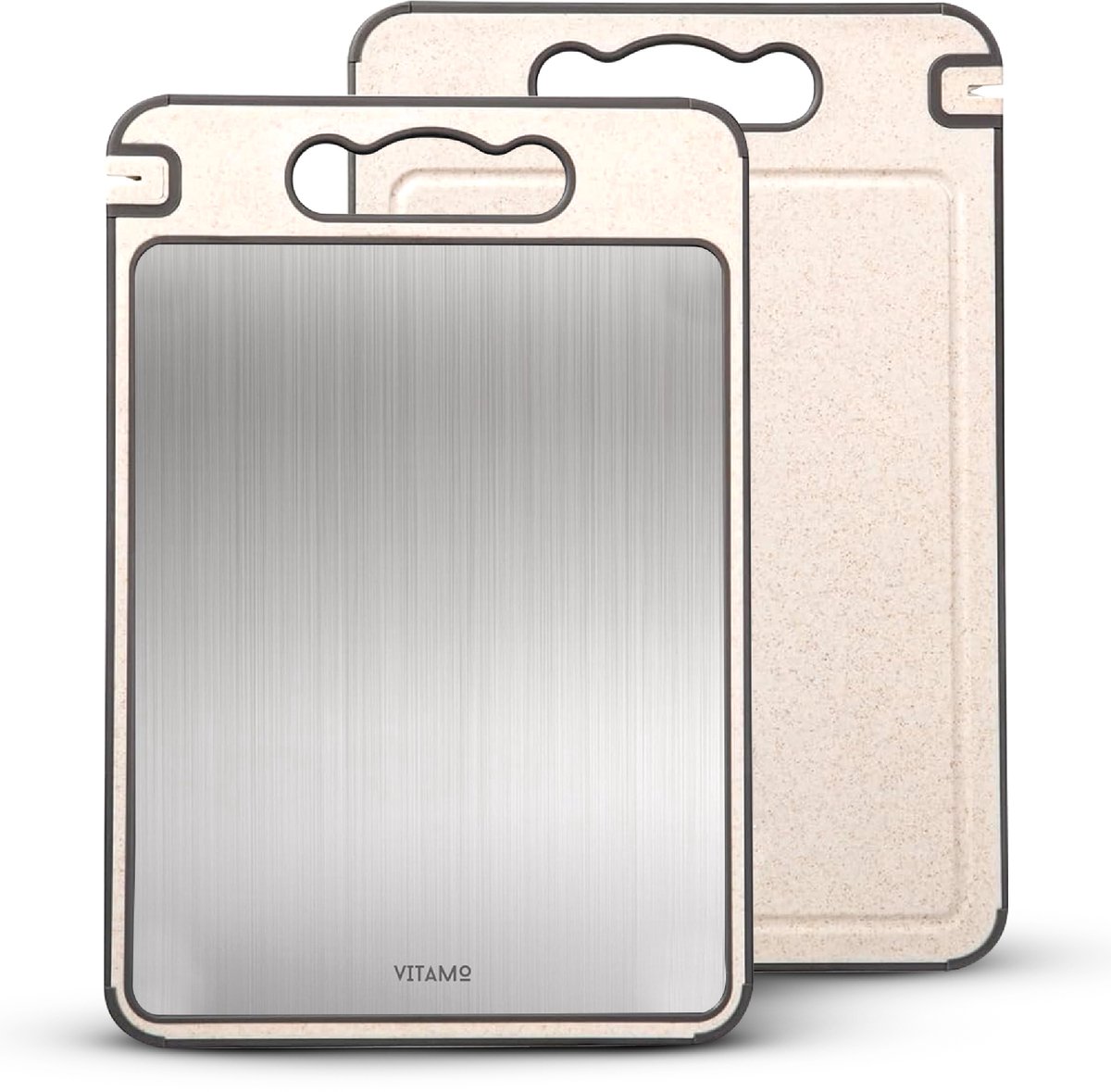 VITAMO PureCut Pro Dubbelzijdige Snijplank met Geïntegreerde Messenslijper – 304 RVS – Microplasticvrije Snijzijde – BPA-vrije Tarwestro – Antislip – 36,5 x 25 cm