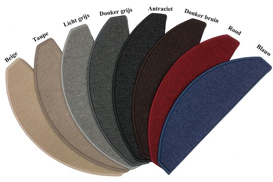 Een reeks traptreden in verschillende kleuren: Beige, Taupe, Licht grijs, Donker grijs, Antraciet, Donker bruin, Rood en Blauw.