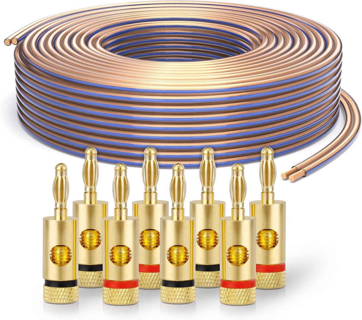 Luidsprekerkabel 50m Transparant 2x4,0mm² OFC Koper Set met 8 Banaanstekkers