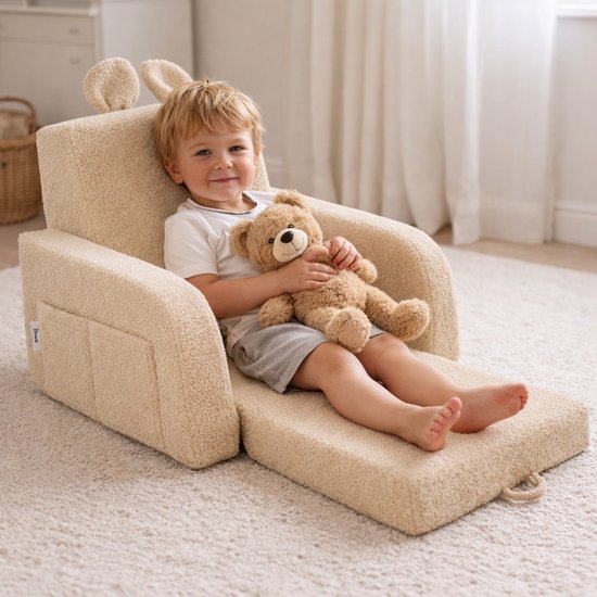Flumi - 2 in 1 Uitschuifbare Kinderfauteuil - Schuimconstructie - Afneembare Wasbare Hoes - Teddy Stof - Met Zijvakken - Donkerbeige van Merkloos — afbeelding 4