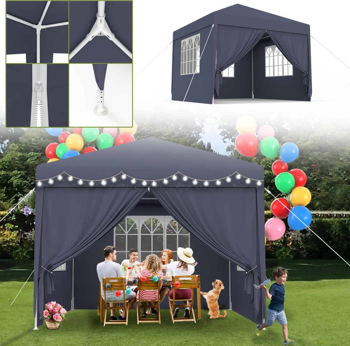 Froadp 3 x 3 meter buisvormig frame partytent, antracietgrijs, feesttent, tuinpaviljoen, feesttent, biertent, kampeerschuilplaats met zijpanelen en ramen, geschikt voor tuinen en kamperen