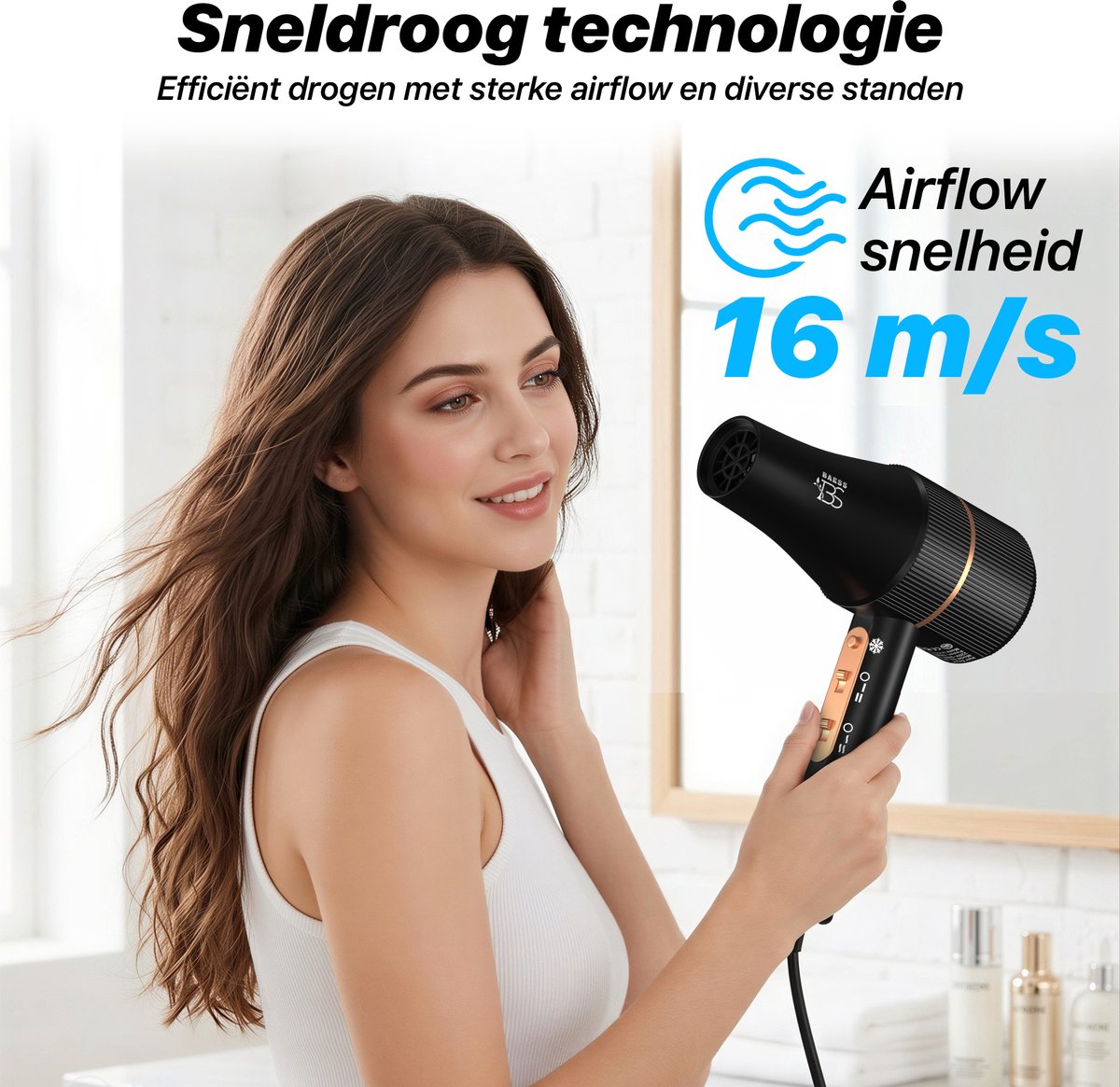 BAESS Föhn met Diffuser - 5 Standen - Ionische Haardroger met Borstel - Retro Haarföhn - Krullen - Hair dryer - Zwart thumbnail 7