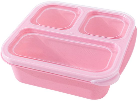 Roze lunchbox met drie compartimenten en transparant deksel, gemaakt van strovezels.