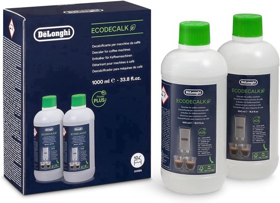 Détartrant DeLonghi ECODECALK pour machines à café, deux bouteilles de 500 ml dans une boîte avec bouchons verts.