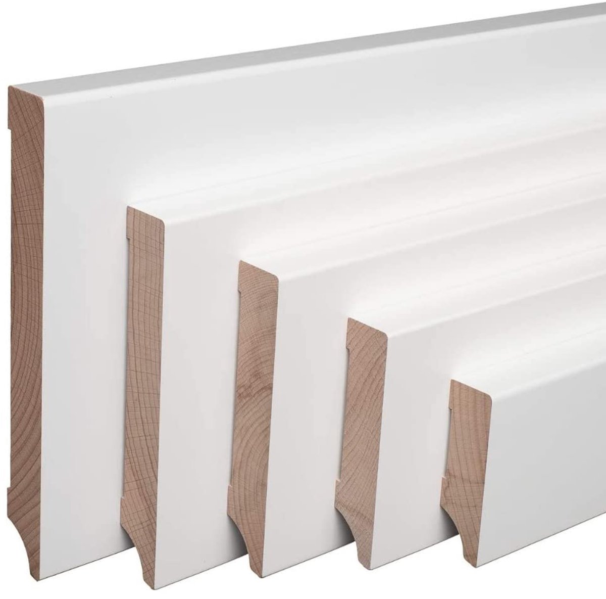 Witte plinten Weimar-profiel 60 mm hoog, massief beukenhout, 10 stuks, 23 lopende meter, met kabelkanaal