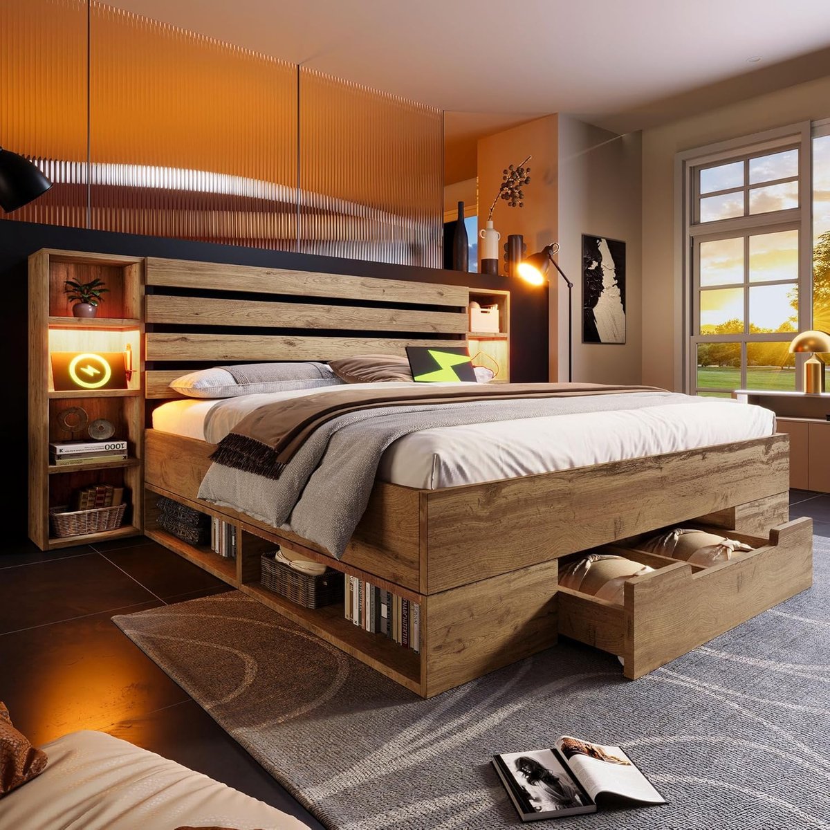 Opbergbed 160x200 cm met Laden en Hoofdeinde – Modern Houten Bedframe met Lattenbodem, Eikenhout – Extra Ruimte en Functioneel Design – Abkantoor