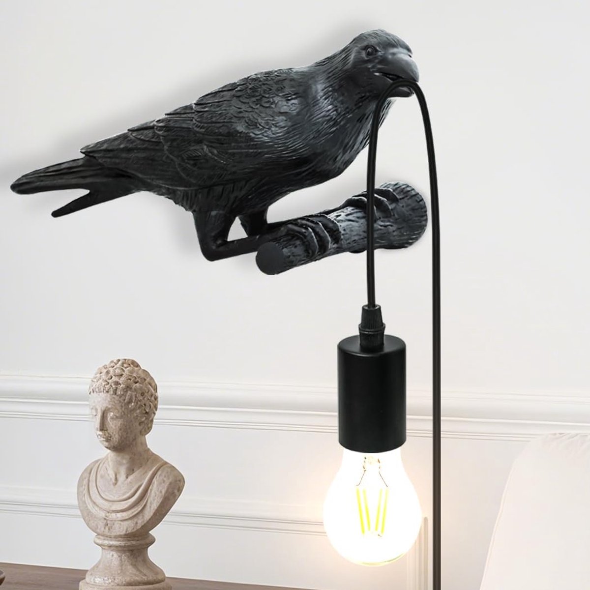 Kraai Wandlamp - Nachtlamp Decoratie - Sfeerverlichting Binnen - Uniek Hars Ontwerp - 32 x 14 x 12 cm - Zwart