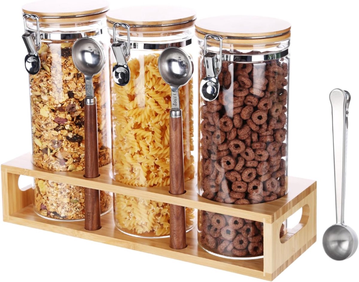 Glazen opbergdozen met deksel en houten rek
