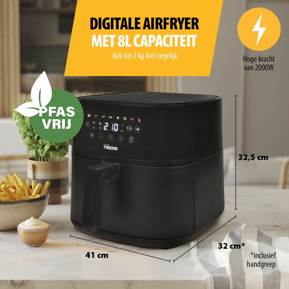 Airfryer 8 Liter – 2000W – Digitale Airfryer met LED Touchscreen – 8 Programma’s – PFAS-vrije Antiaanbaklaag – Tristar FR-9071 – Zwart — afbeelding 5