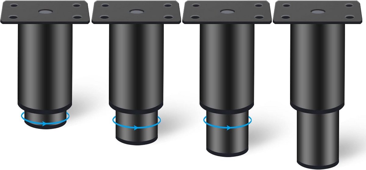 4 Stuks Verstelbare Meubelpoten Zwart IJzer - Hoogte 80 mm tot 120 mm Verstelbaar