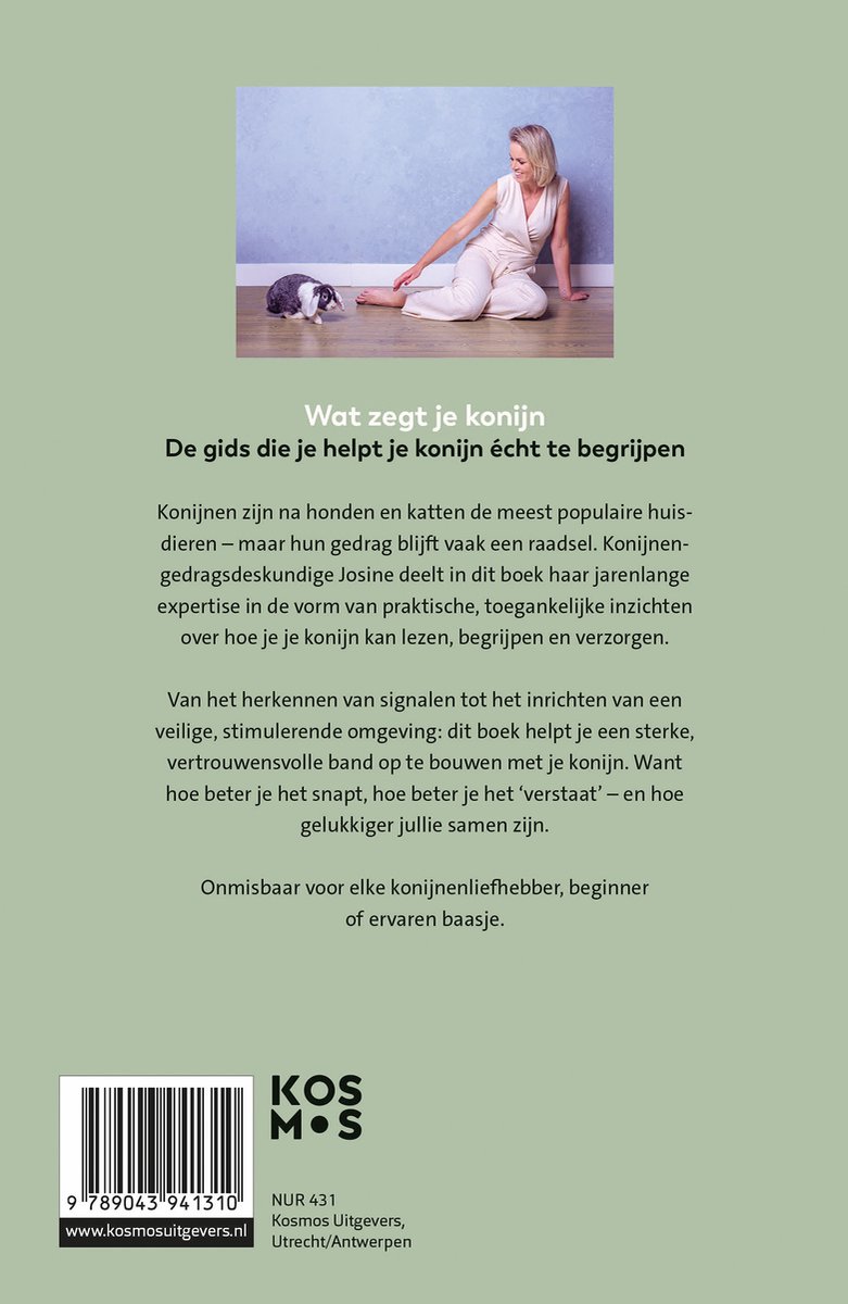 Achterkant van het boek "Wat zegt je konijn" met een foto van een vrouw en een konijn.