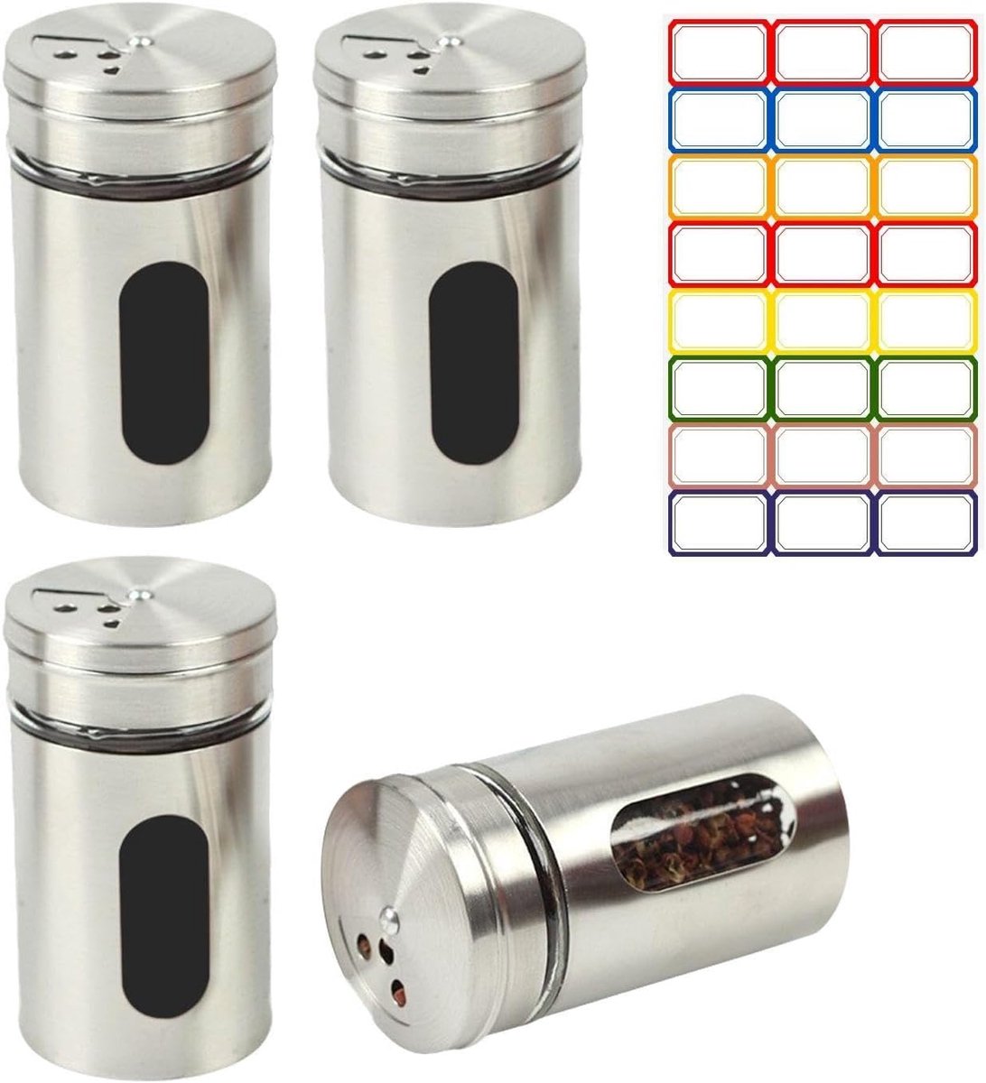 Set van 4 RVS Kruidenpotjes met Draaideksel - Inclusief Etiketten - Keuken Accessoires