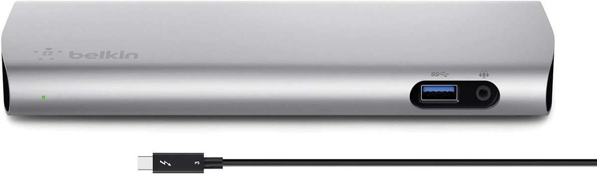 Thunderbolt 3 Dockingstation 40 Gbps met 1m Kabel, 85W Oplader, Ondersteunt Dubbele 4K, USB 3.0, HDMI, DisplayPort, Audio-out, Gigabit Ethernet, Aluminium