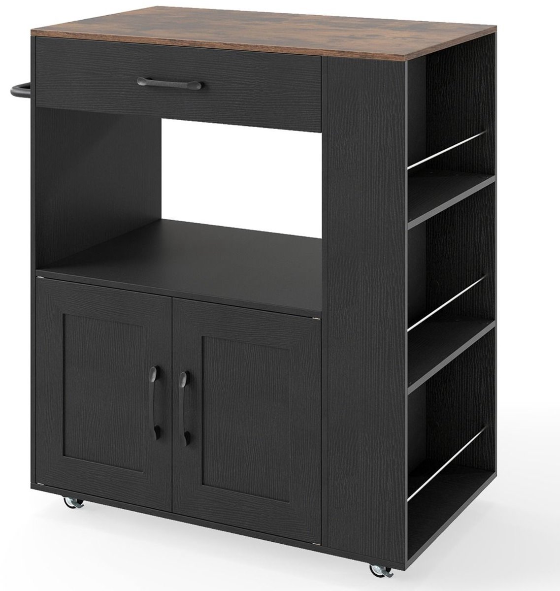 Keukeneiland - Verplaatsbaar - Keukenkast - Dressoir - Organizer - Kasten - Houten Werkblad - Zwart