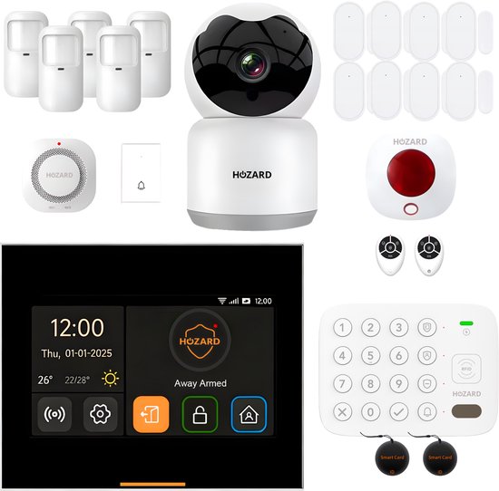 Een verzameling Hozard beveiligingsapparaten: sensoren, camera, keypad, afstandsbedieningen en smart tags.
