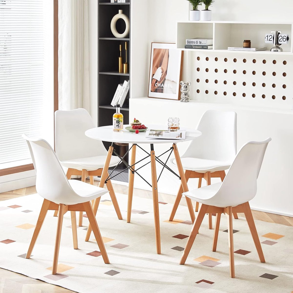 Ronde Eetkamerset met 4 Witte Stoelen - Scandinavisch Design voor Keuken of Woonkamer