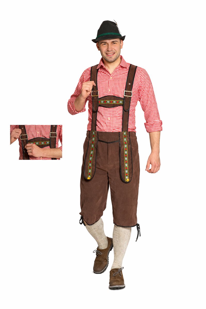Partychimp Voordelige lange Lederhose Man Johann met verstelbare bretels Oktoberfest Heren Lederhosen Man Carnavalskleding Heren Carnaval - Polyester - Donkerbruin - Maat 2XL