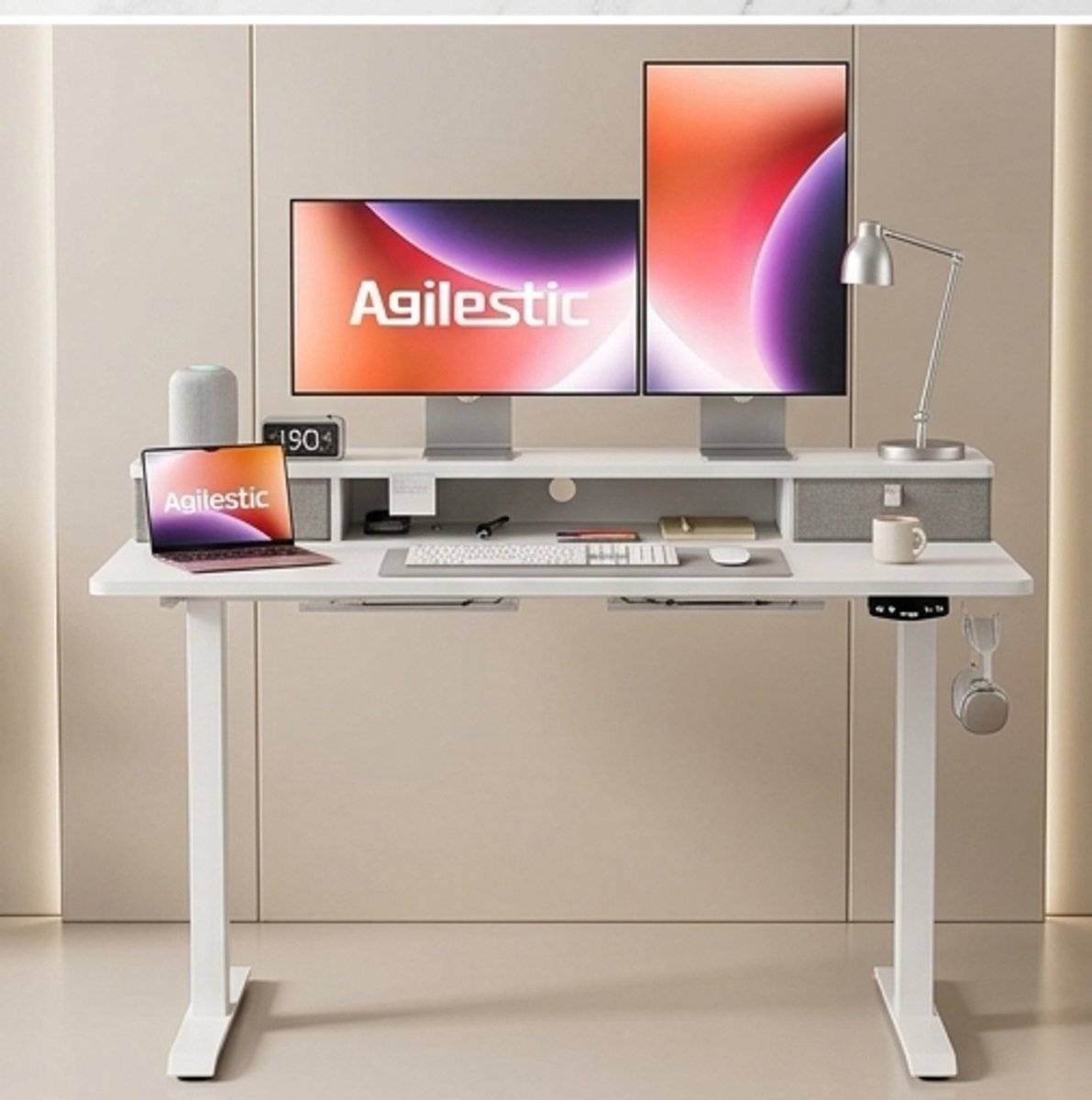 ErgoDesk Elektrisch Verstelbaar Sta-Zit Bureau met 2 Laden – 120 x 60 cm – Ergonomisch Bureau voor Thuis en Kantoor – Stabiel en Duurzaam – Wit A-Furniture