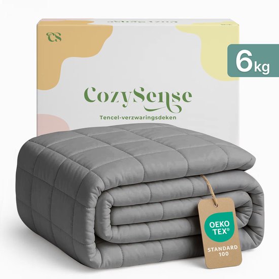 Gevouwen grijze verzwaringsdeken van 6 kg van CozySense met OEKO-TEX® keurmerk.