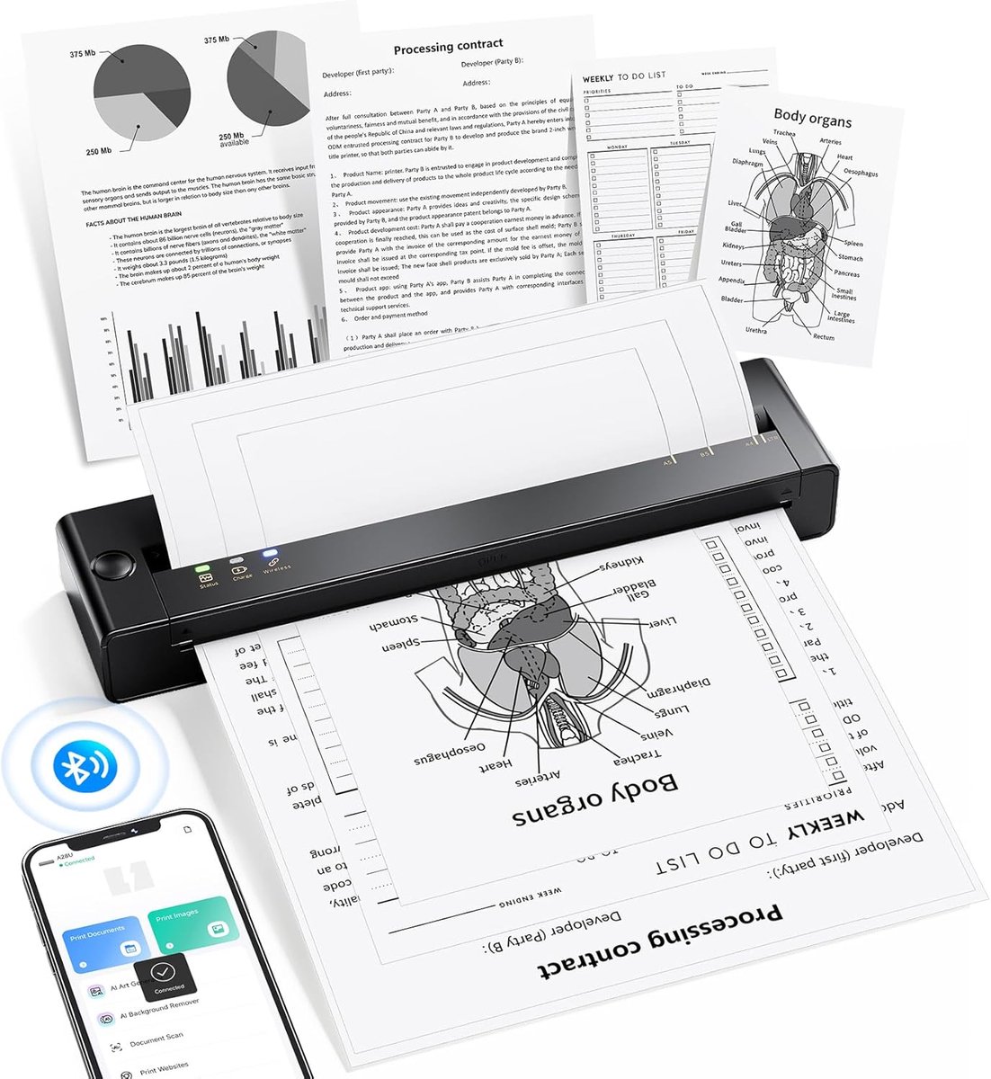 Draagbare A4 Thermische Printer voor Onderweg - Draadloos en Compact