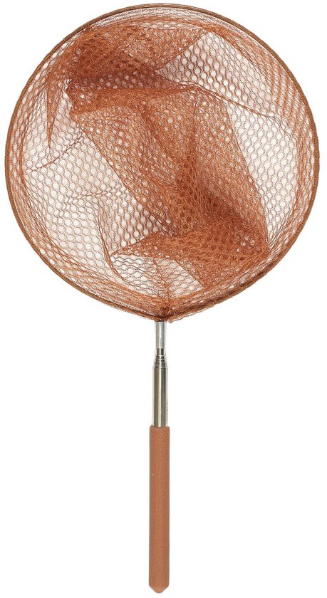 Een close-up van een ronde, bruine schepnet met een fijne maas, bevestigd aan een zilverkleurige steel.
