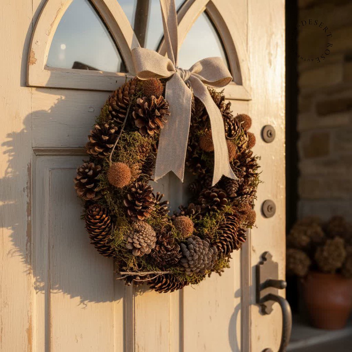 Handgemaakte krans van dennenappels en mos Ø 35 cm – natuurlijke herfst- en kerstdecoratie - Landelijke groendecoratie