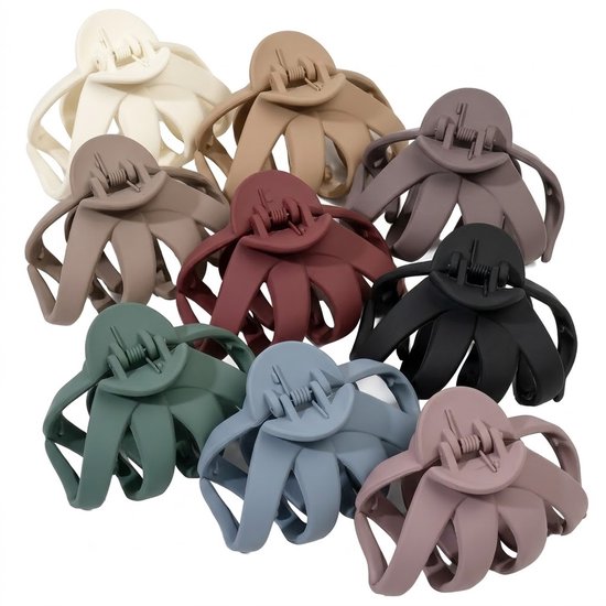 Set de pinces à cheveux 9 pièces – pinces à cheveux rondes mates avec dents larges courbes – accessoires capillaires en plastique robuste dans diverses couleurs neutres pour femmes