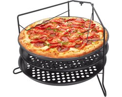 Pizza bakset met geperforeerde pizzaplaat en 3 pizzapannen - 28 cm pizzabakplaat en 25 cm pannen met antiaanbaklaag voor oven, grill en barbecue Image