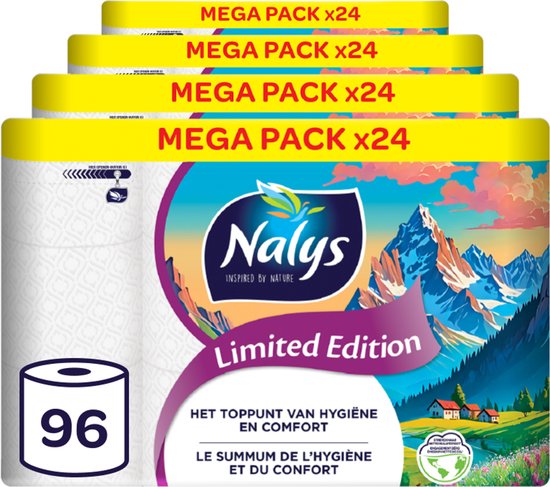 Nalys Limited Edition voordeelverpakking met 4 MEGA PACK x24 rollen toiletpapier. Berglandschap met huisje en natuur.