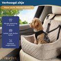 Een bruine cavapoo hond kijkt uit het raam vanuit een beige honden autostoel, vastgegespt. Illustraties tonen minder spanning en voorkomen wagenziekte.