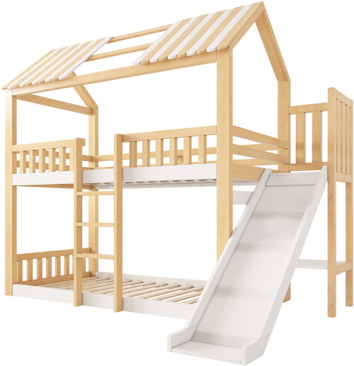 Wishdor Stapelbed 90 x 200 cm - Zadeldak en Glijbaan - Hutstijl met Houten Omheining - Opbergplank aan Zijde - EN 747-1:2024 Gecertificeerd - Geschikt voor Avontuurlijke Kinderslaapkamer - Grenenhout, MDF en Multiplex - Wit Naturel Natuurlijk,Wit