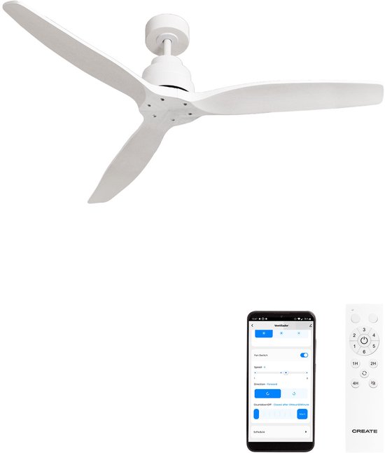 Stille plafondventilator technisch ABS bladen 40W, wifi bediening, zomer/winter functie, maat M (Ø132 cm)
