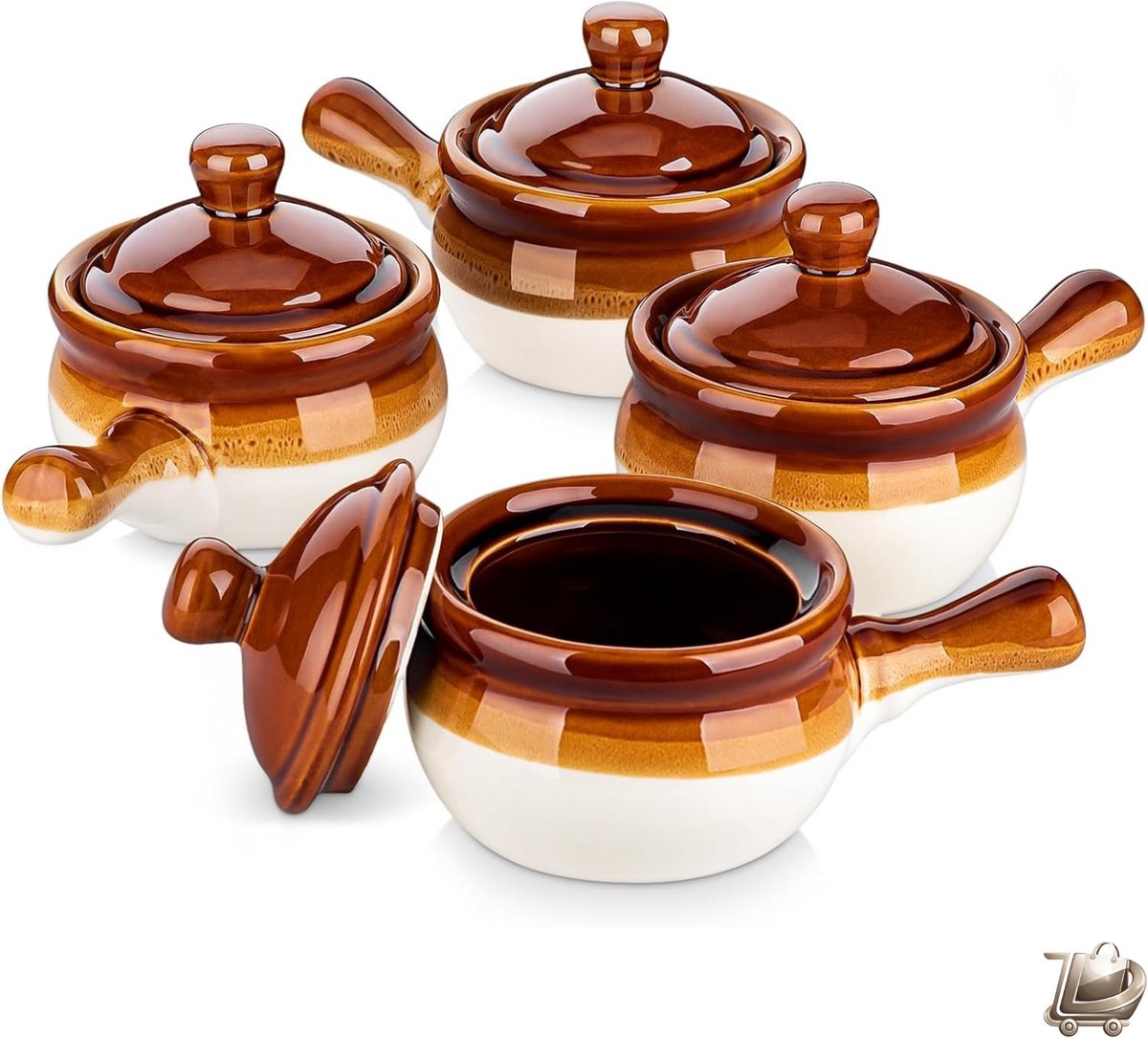 4 Franse Ui Soepkommen – Porselein – 600 ml – Lange Handgreep Soeppot voor Chili, Ontbijtgranen, Vlees en Taarten – Magnetron & Vaatwasserbestendig – Bruin en Wit