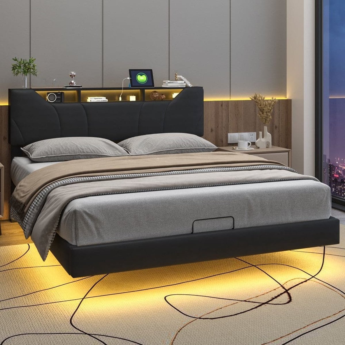 Opbergbed – Gestoffeerd Bed – Tweepersoonsbed – Hydraulisch Opbergbed – Slaapbank – 140x200 cm – Met USB Oplaadfunctie – LED Verlichting
