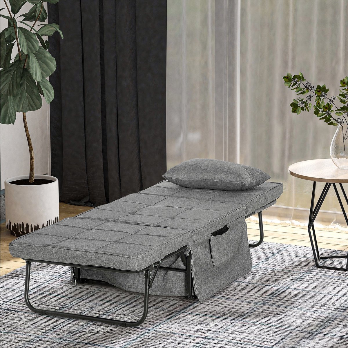 Opvouwbed – Vouwbed – Opklapbed – Logeerbed – Eenpersoonsbed – 8 cm Matras – 5-standen Verstelbare Rugleuning – Stabiel Stalen Frame – Grijs – 188x75x38 cm