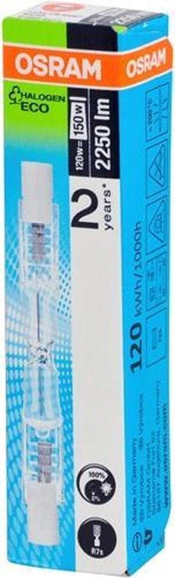 Osram Halogeenlamp Eco doos met afbeelding van een staaf halogeenlamp. Energieklasse G.