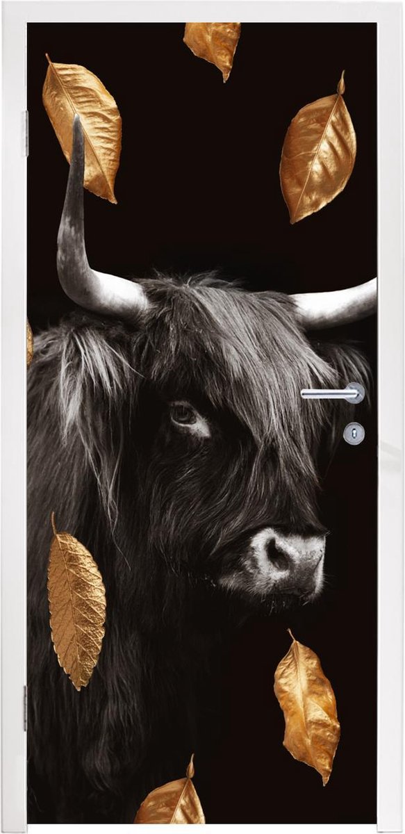 Afbeelding van product StickerSnake  Deursticker Schotse hooglander - Bladeren - Goud - Zwart - 80x215 cm - Deurposter