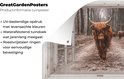 Een schotse hooglander kijkt uit een raam, met bos op de achtergrond. UV-bestendige, waterdichte tuindecoratie.