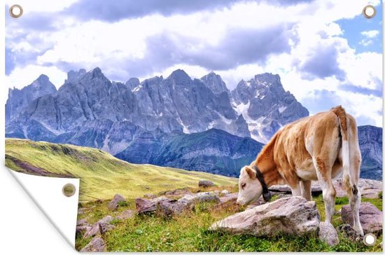 Banner met koe en bergen op een zonnige dag met wolken.