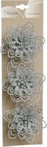 3x stuks decoratie bloemen zilver glitter op clip 11 cm - Decoratiebloemen/kerstboomversiering/kerstversiering