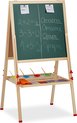 Groen schoolbord met rekenopgaven en woorden, boven een houten ezel met verfbekers.