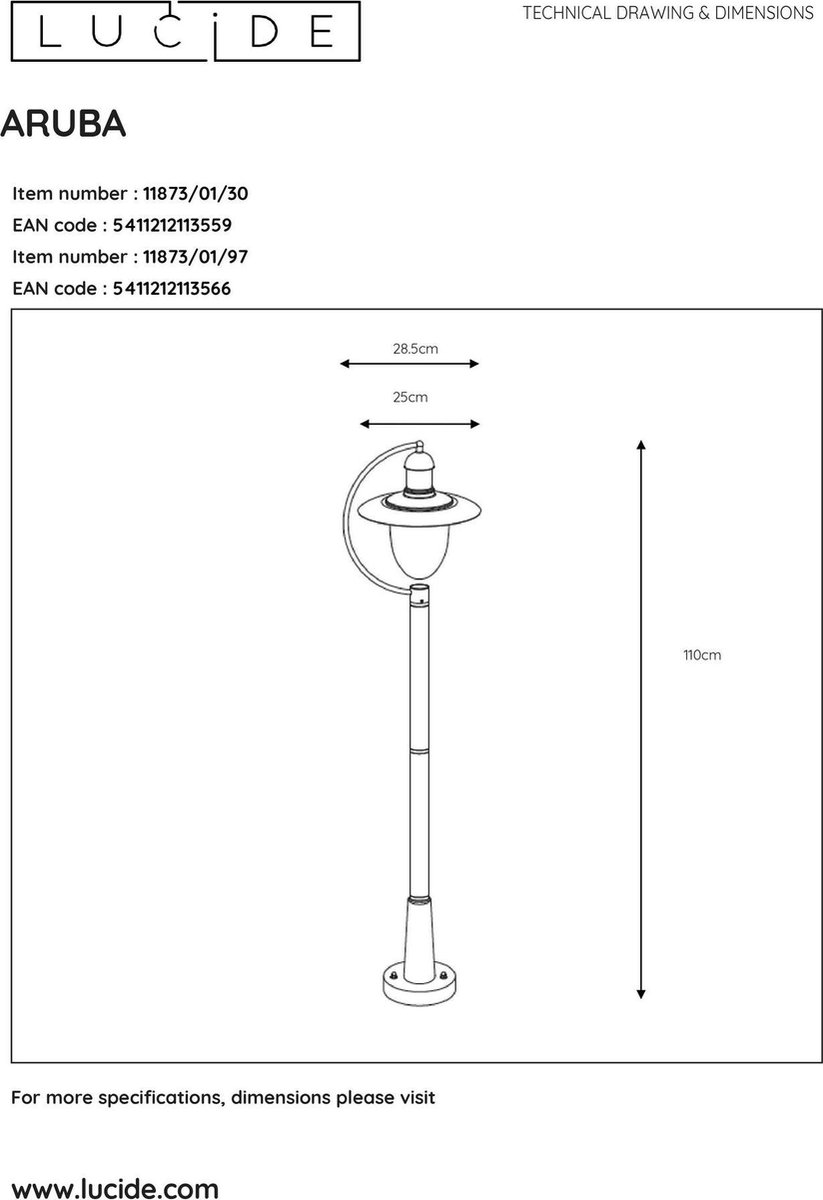 Lucide Aruba - Lantaarnpaal - Ø 25 cm - 1xE27 - IP44 - Zwart