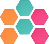 Navaris prikbord van vilt - 6 tegels zeshoekig - Vilten memobord - Inclusief punaises en zelfklevende tape - 15 x 17 cm - Turquoise/Oranje/Roze
