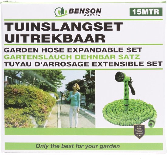Verpakking van de Benson tuinslang set, 'Tuinslang uitrekbaar 15mtr'.